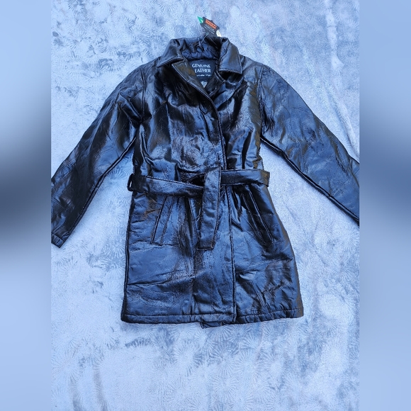 $120 NWT Navarre Patch Mosaic 3/4 Leather Coat Women's S Black Belted Open Front - Picture 1 of 9
